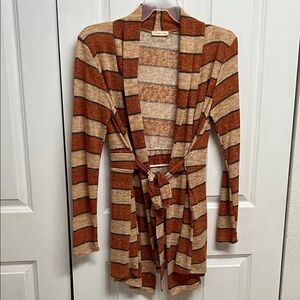 Flamingo Urban Brown Tan Striped Long Open Cardigan Sweater Size L